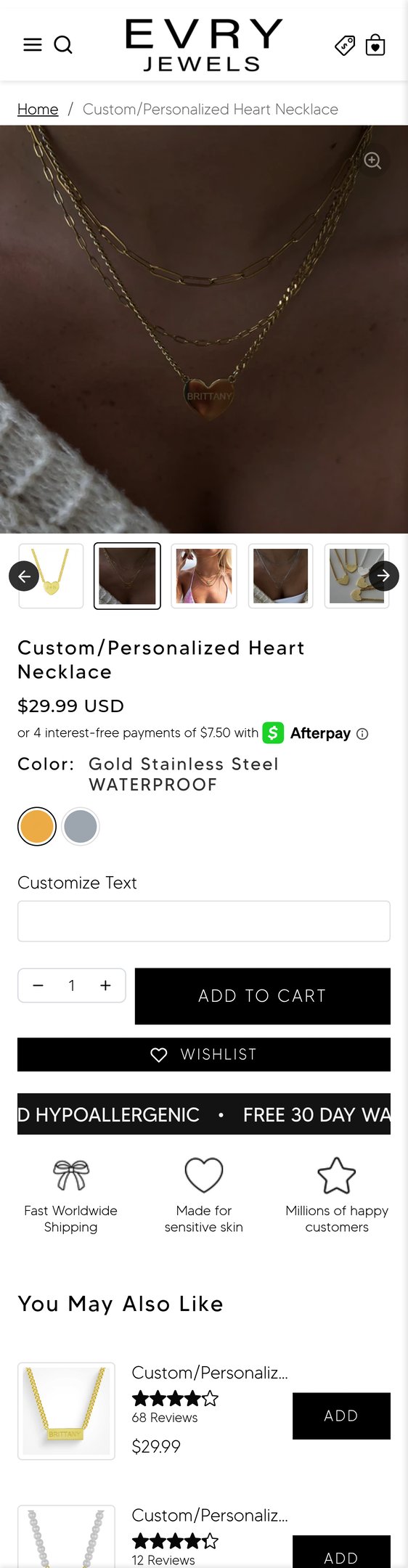 Jewelry product options include: necklace for Custom/Personalized Heart Necklace from EVRYJEWELS.