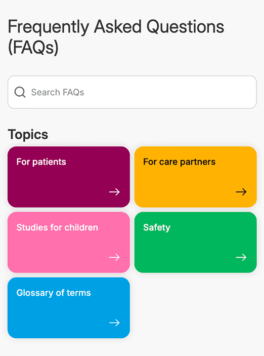 Image of the FAQ page of the website, showing color coding for the different question topics.