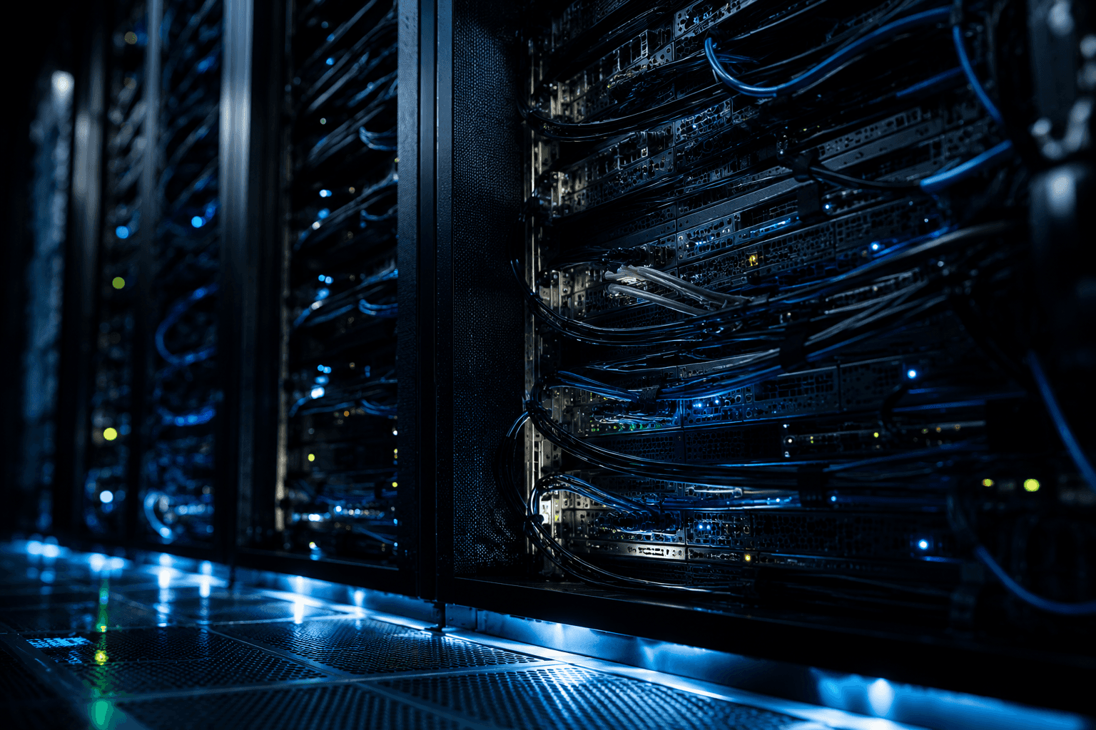 A dark portrait of a server rack with glowing cyan lights. 