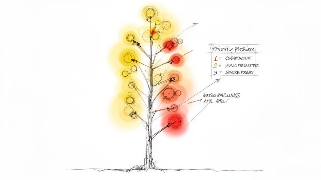 A hand-drawn tree diagram visualizing problem prioritization with red and yellow highlighted issues.
