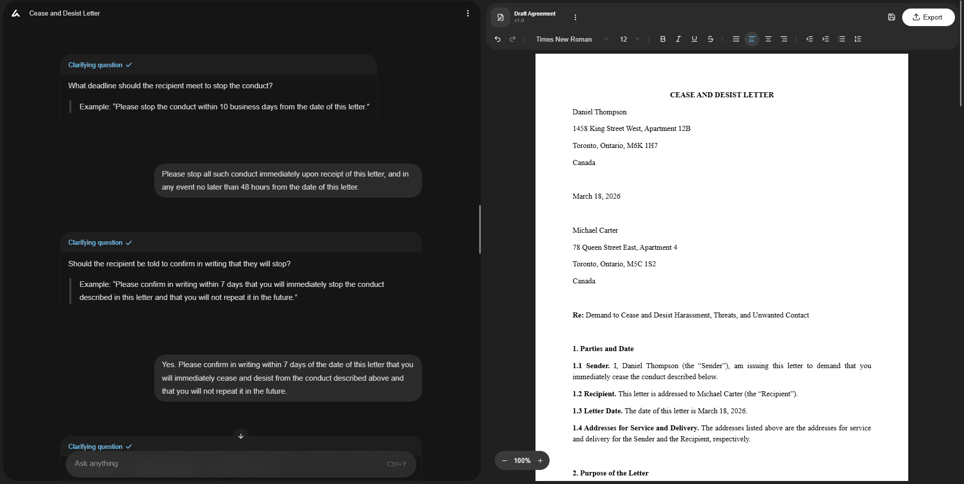AI Lawyer interface showing clarifying questions for a cease and desist letter on the left and a live generated draft on the right.