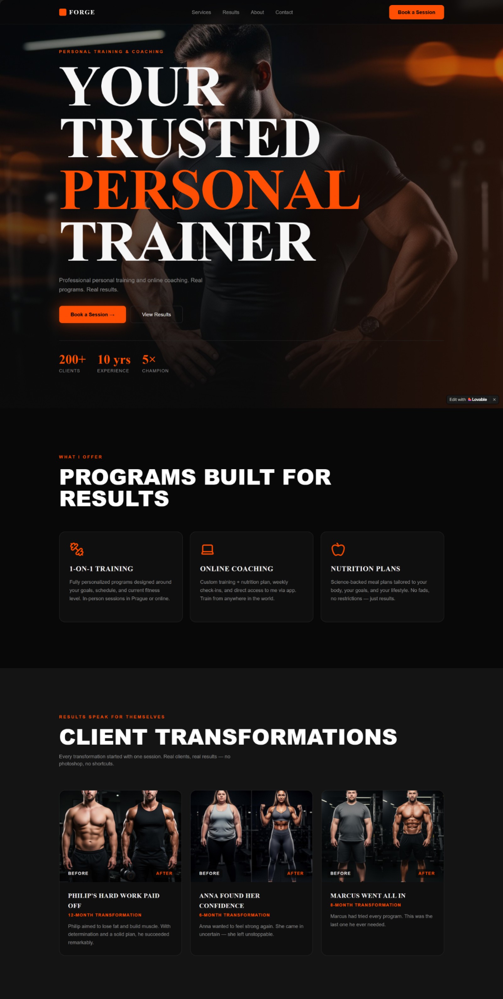 Personal trainer AI website prompt — full desktop view with dark hero section, bold headline, and orange accents