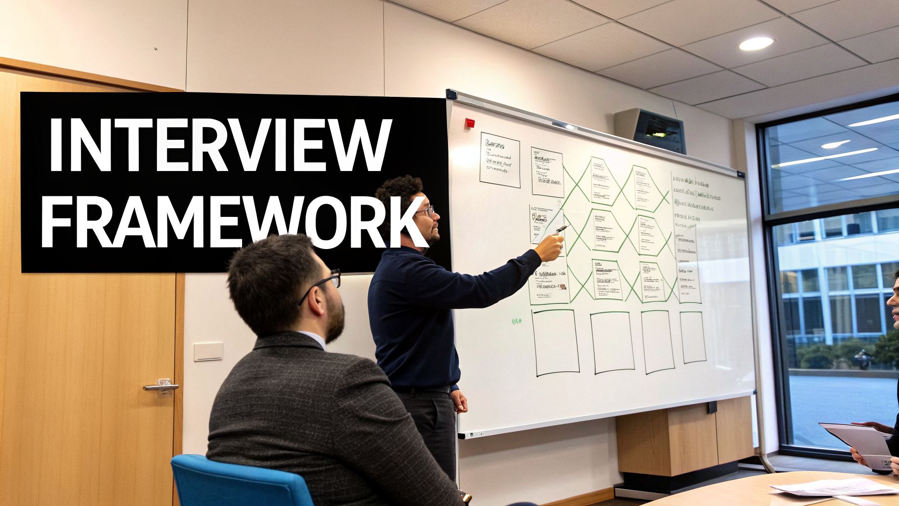 A man explains an interview framework on a whiteboard to colleagues in a modern meeting room.