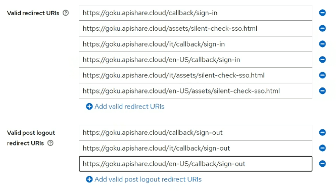 Keycloak client configuration with the valid redirect and post logout redirect URIs