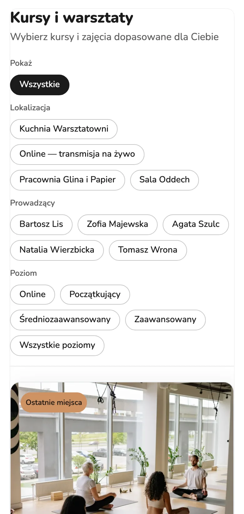 Lista kursów z filtrami: lokalizacja, prowadzący, poziom