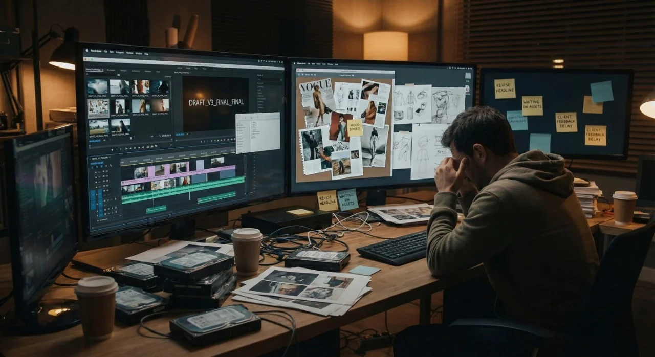 Cinematic creative production environment with scattered image and video assets, unfinished visual concepts, and fragmented copy blocks across multiple screens, illustrating slow and inefficient content creation workflows by Mahendra R.