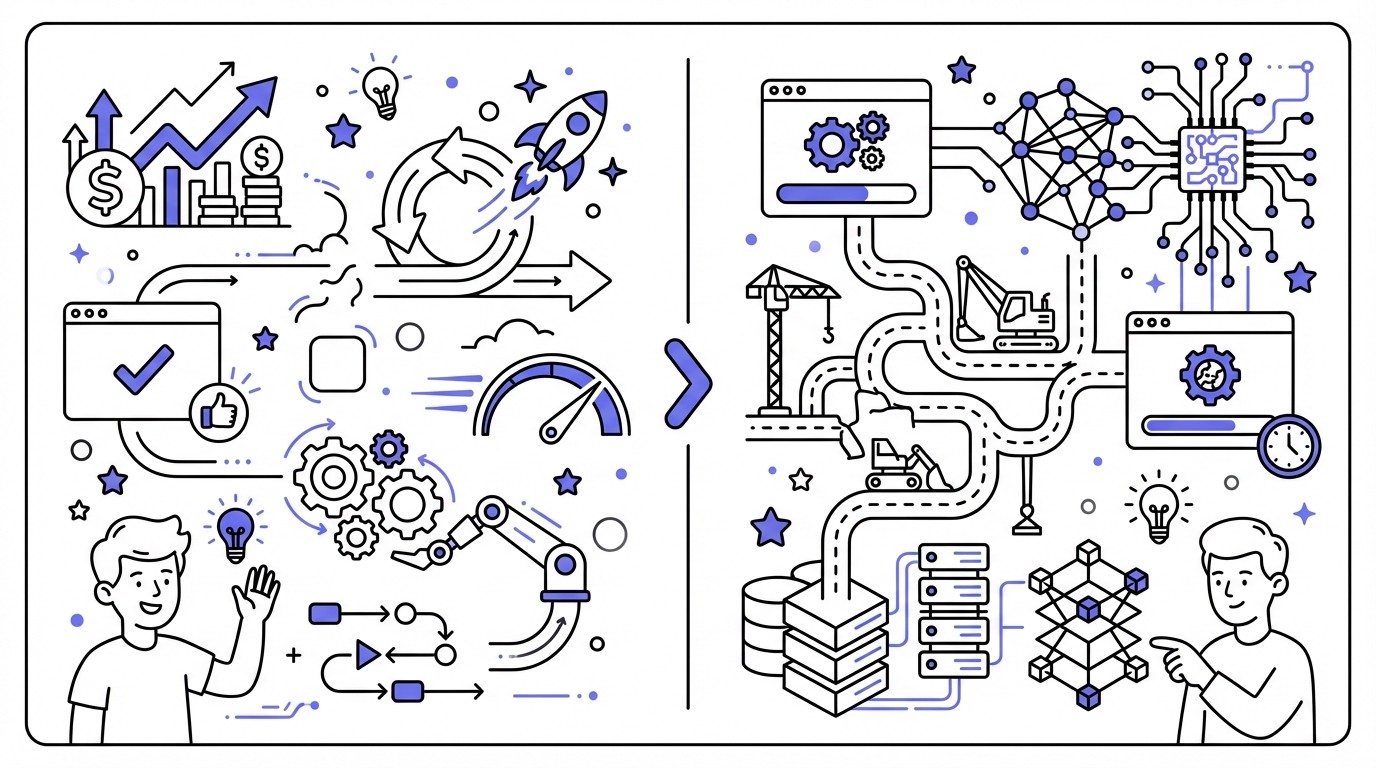 An infographic comparing 'The Lean AI Approach' and 'Traditional AI'. The left 'Lean AI' side is bright and features icons for speed, automation, rapid iteration, and business growth. The right 'Traditional AI' side is darker and depicts complexity, large data, manual processes, and slower development.