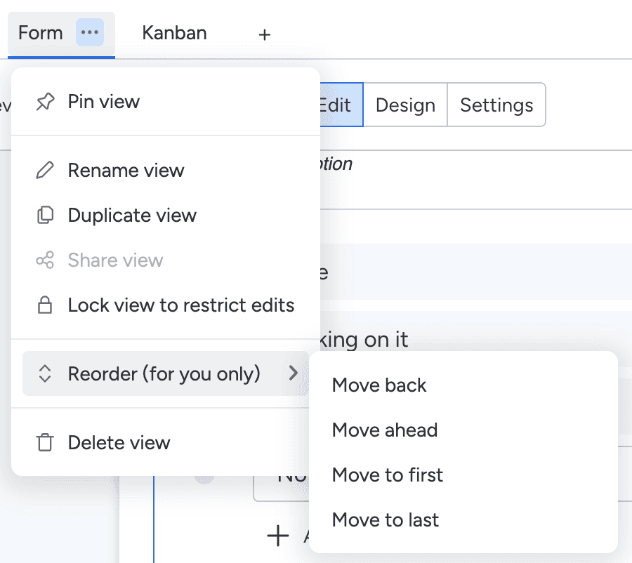 Menu example from Monday.com to rearrange folder tabs