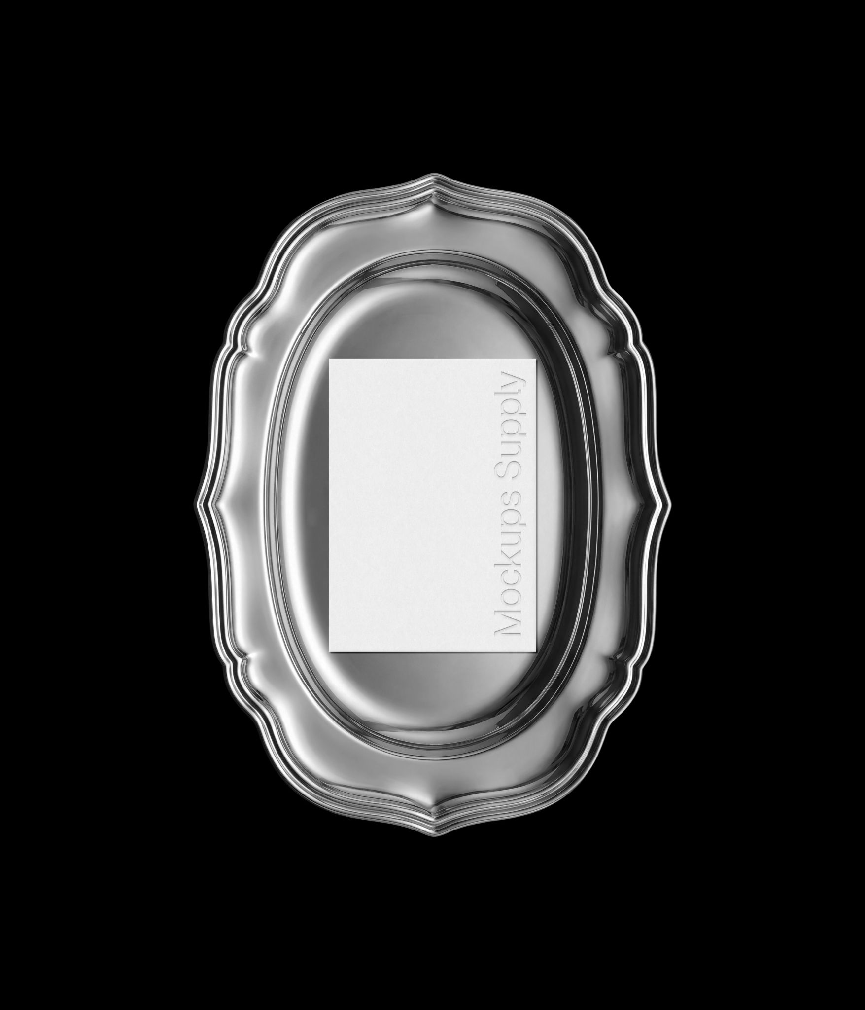 Wedding invitation mockup on ornate silver plate with debossed text effect for luxury branding presentation