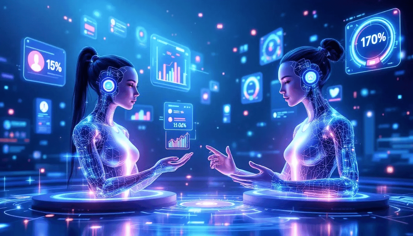 Des influenceurs virtuels IA interagissant sur les réseaux sociaux.