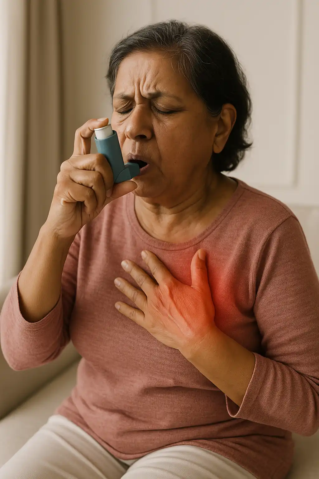 Older woman using an inhaler while holding her chest in discomfort, showing symptoms of COPD, asthma, or bronchitis breathing distress.