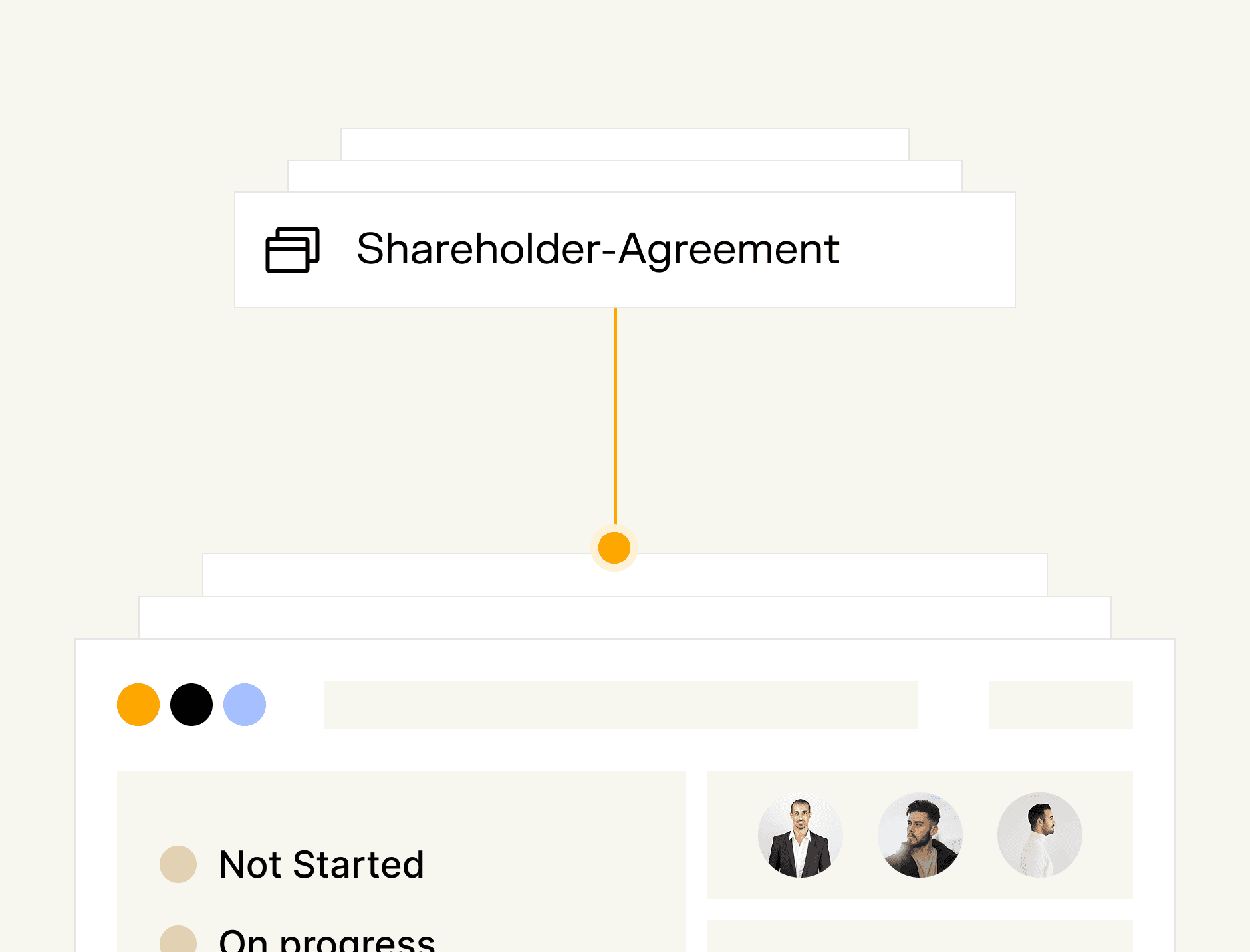 Workflow interface showing shareholder agreement and progress timeline