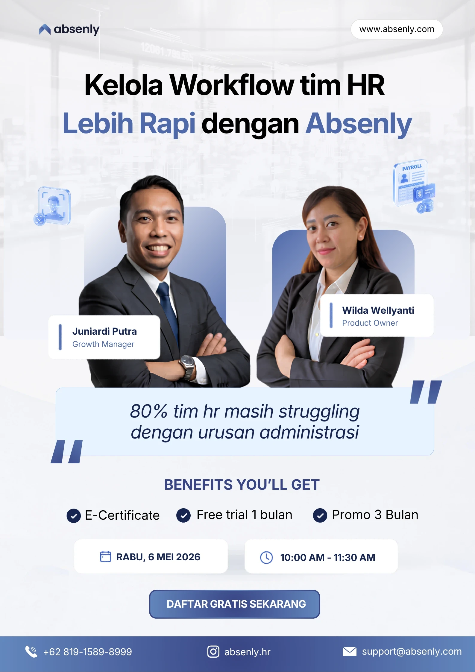 Banner fitur Leave Absenly: Software manajemen cuti terpusat dengan tampilan aplikasi mobile untuk pengajuan cuti karyawan yang transparan.