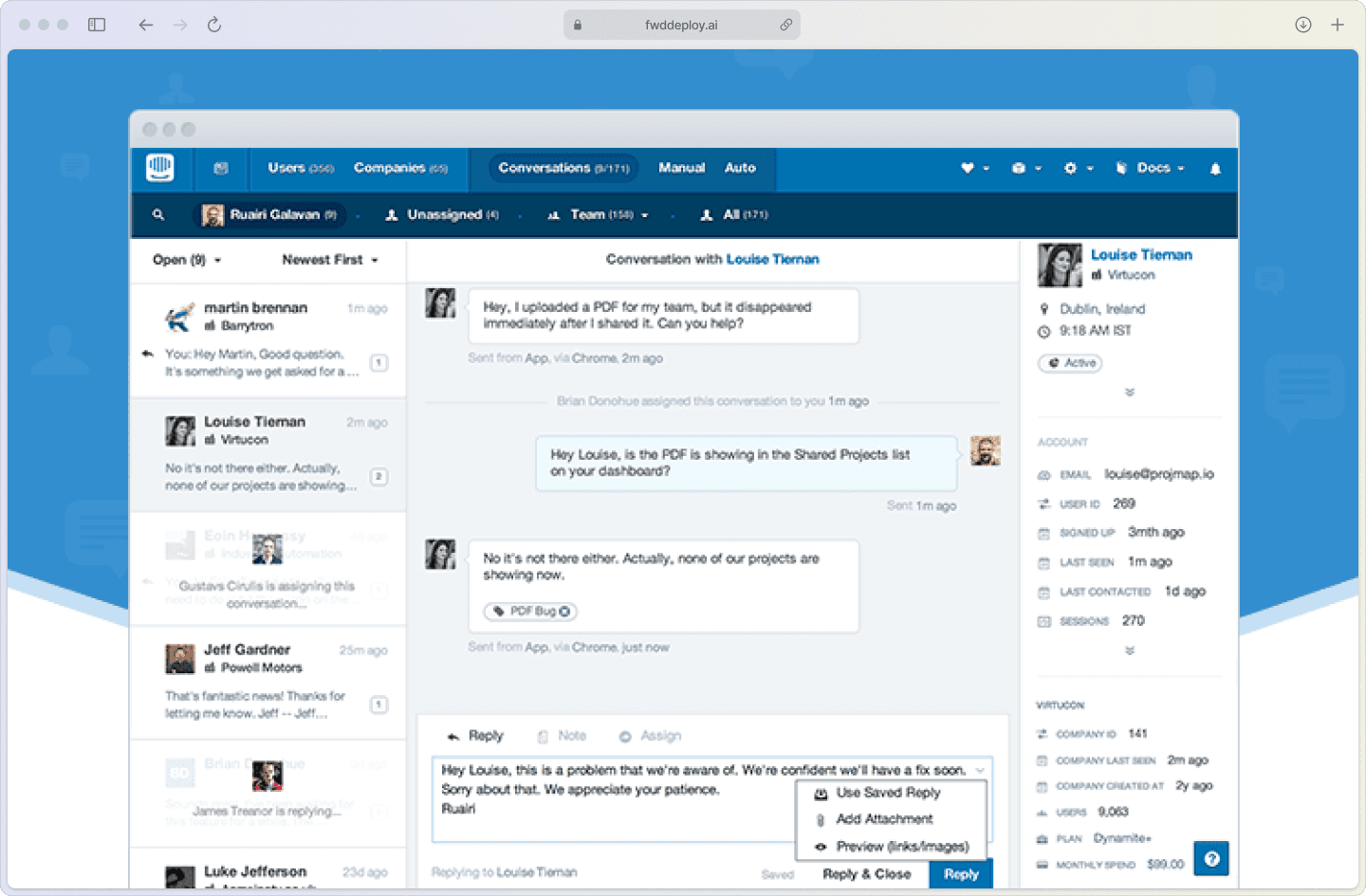 Intercom inbox dashboard displaying organized support conversations sorted by team with visible response time metrics and priority labels.