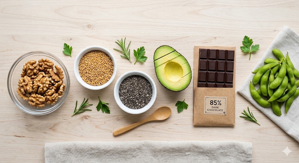 A flat lay photograph of vegetarian brain-healthy foods including walnuts, flaxseeds, chia seeds, avocado, dark chocolate, and edamame.