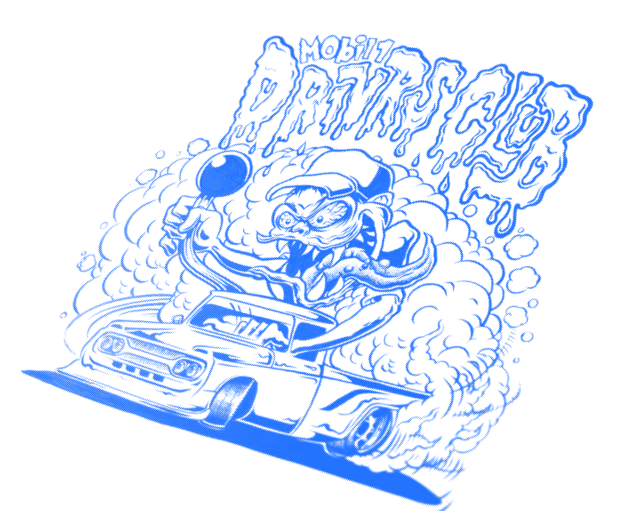 Halftone-style blue illustration of the Decayed Drifter artwork created for the Mobil 1 DR1VRS Club, showing a wild monster drifting in a truck beneath dripping text.