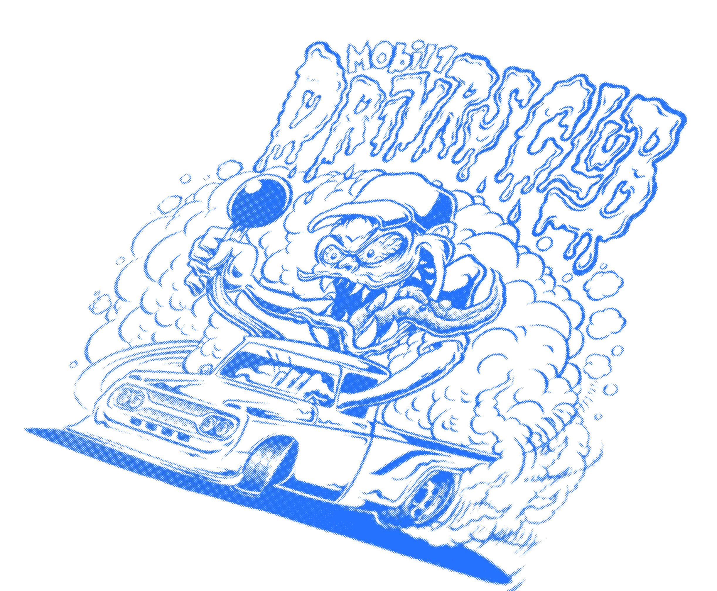 Halftone-style blue illustration of the Decayed Drifter artwork created for the Mobil 1 DR1VRS Club, showing a wild monster drifting in a truck beneath dripping text.