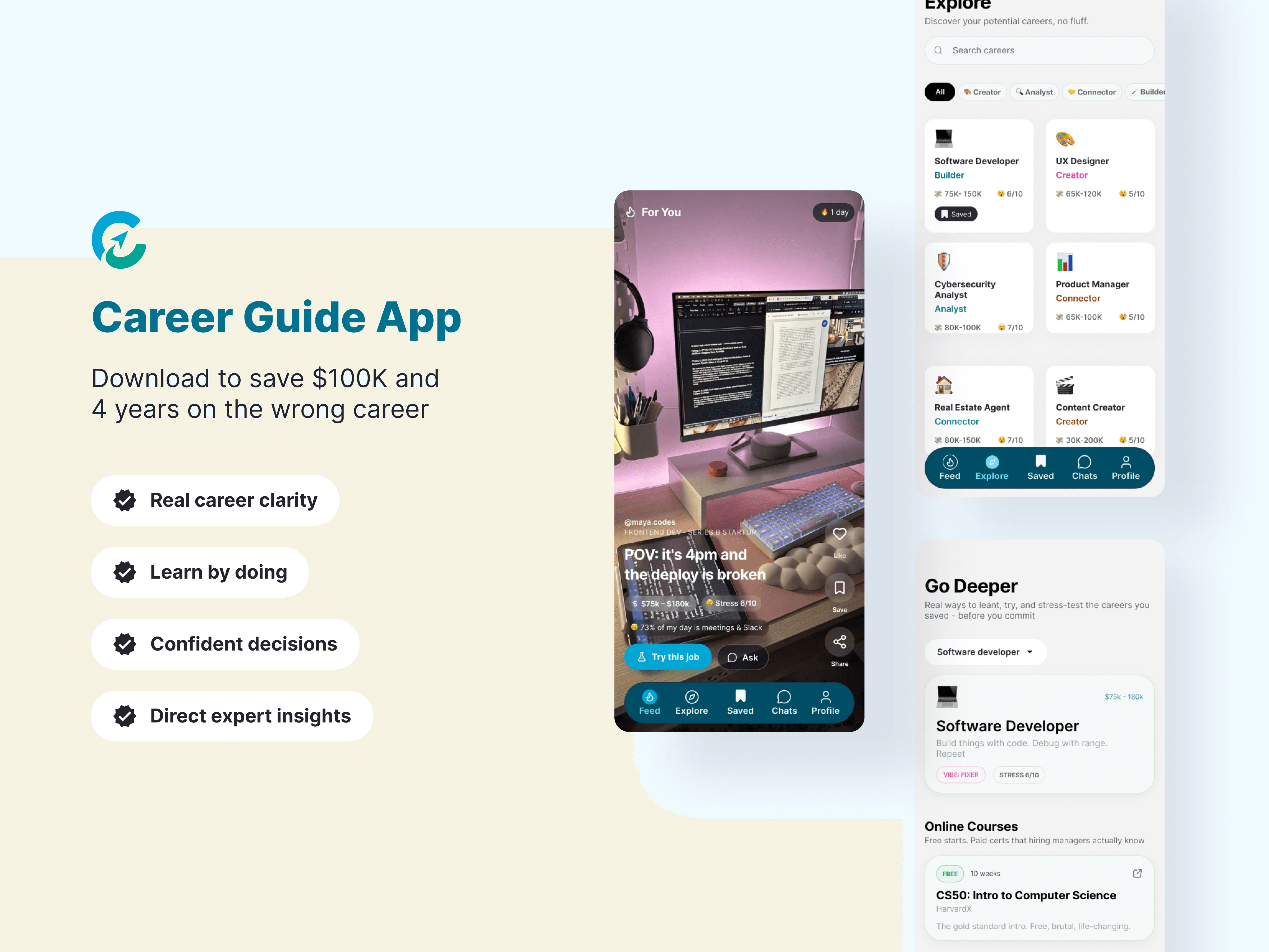 A user interface mockup for a mobile application called "Career Guide App." On the left, a vertical layout displays text options such as "Explore Careers," "Skills Assessment," and "Resume Builder" over a light background. To the right of the text, two overlapping mobile phone screens are shown against a dark violet backdrop. The phone screens display vibrant, colorful high-fidelity dashboard interfaces featuring user profile metrics, progress charts, and stylized avatars tracking career development milestones.