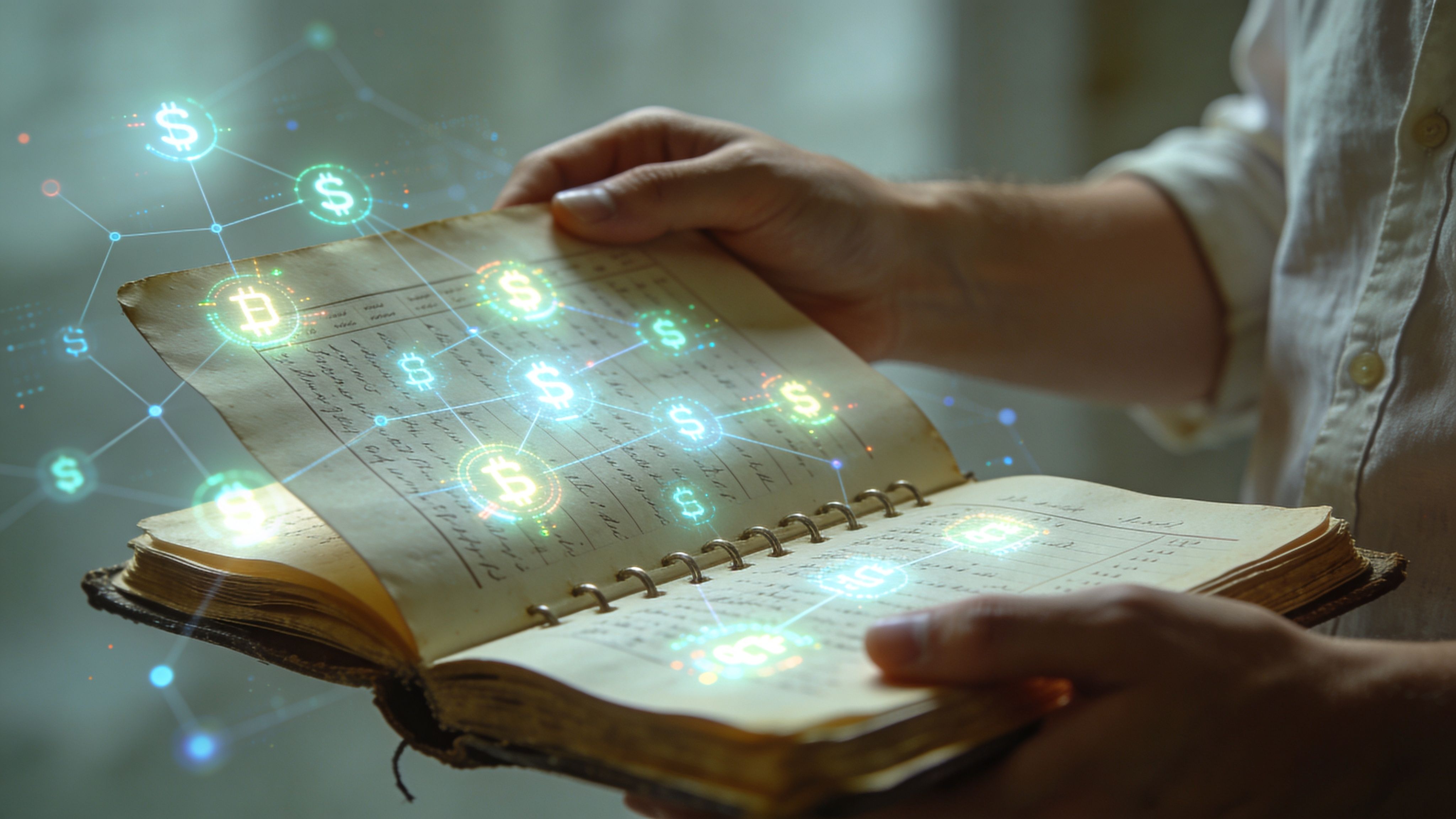 A person holding an antique ledger book with digital glowing cryptocurrency and dollar sign icons floating above.