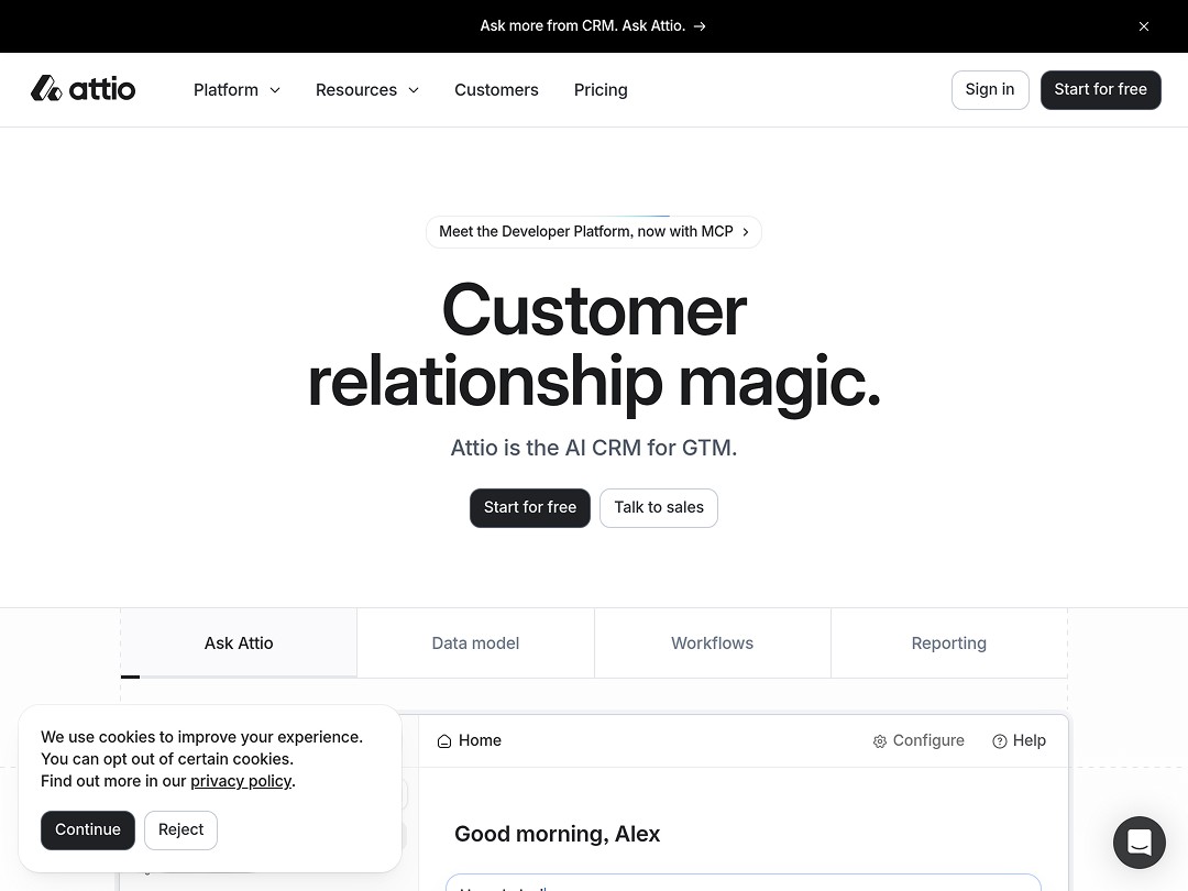 Attio homepage: Customer relationship magic. Attio AI CRM for GTM. Buttons for "Start for free" & "Talk to sales."