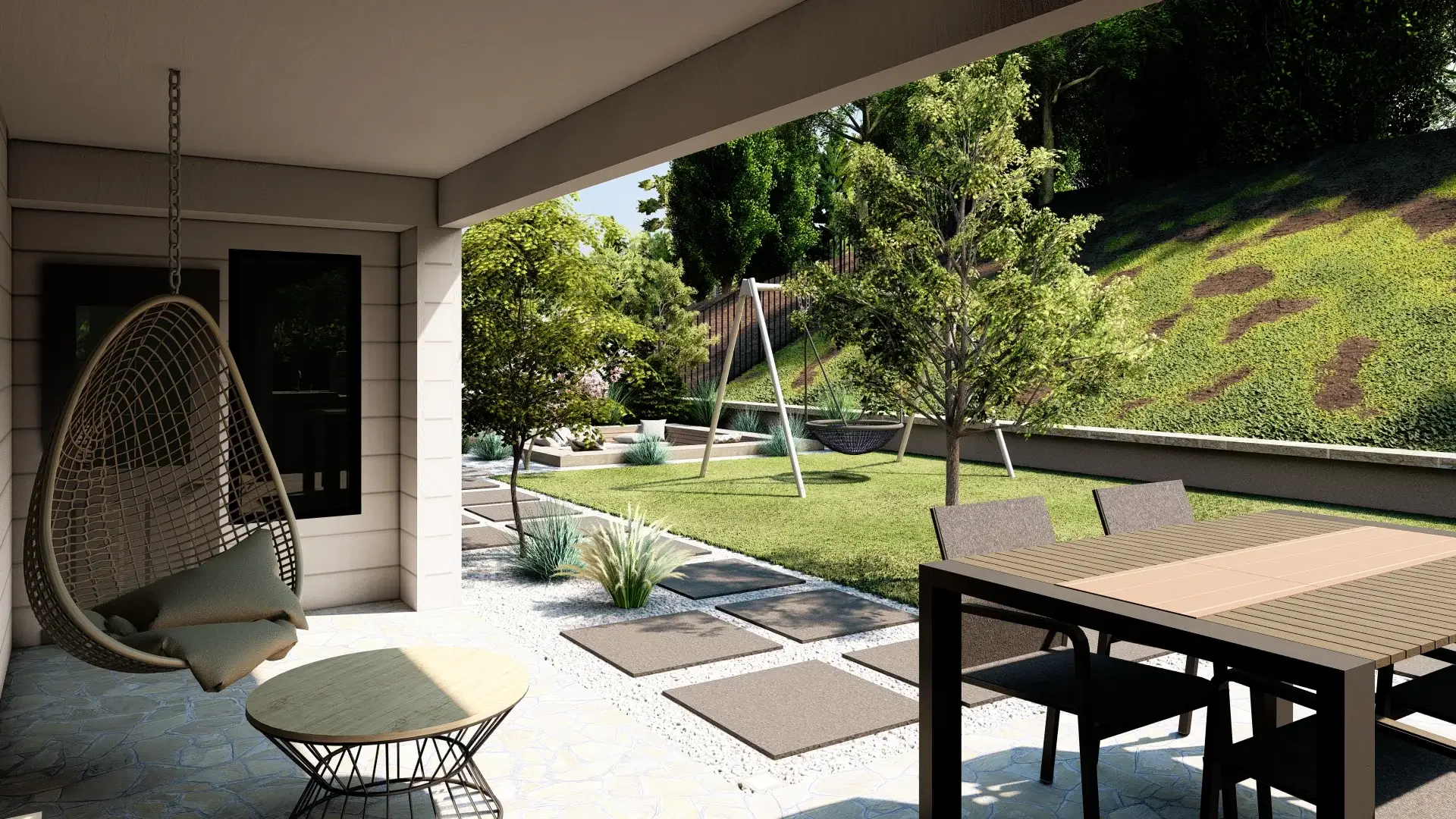 Modern garden with mixed-material flooring, hanging chair, dining set, and lush landscaping. The surrounding hill creates a private, tranquil lounge area.