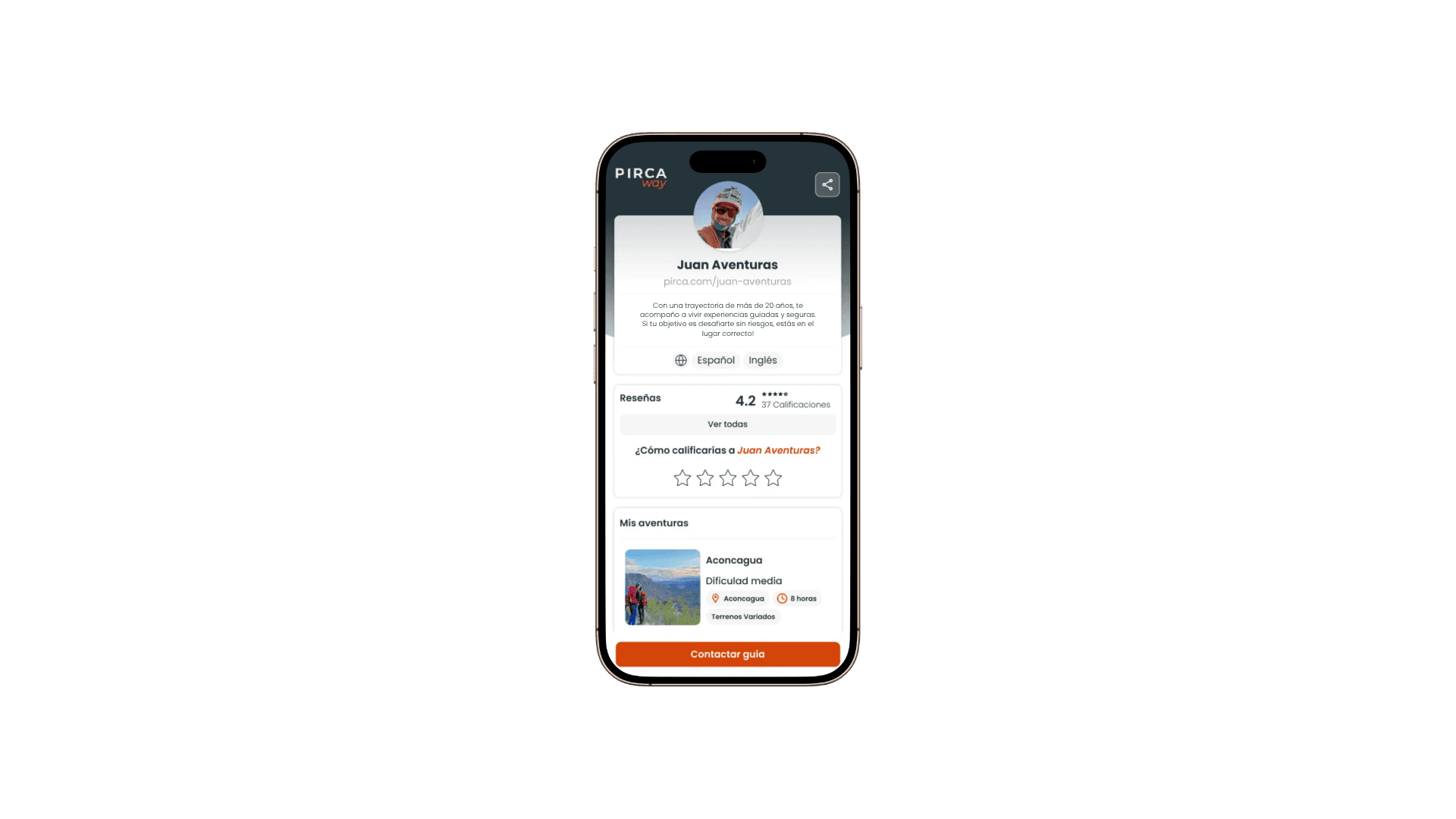 El perfil del guía es el centro de confianza de la plataforma. Cada guía tiene un perfil verificado con historial, idiomas, calificación y aventuras publicadas — diseñado para que el usuario tome decisiones informadas antes de contactar.