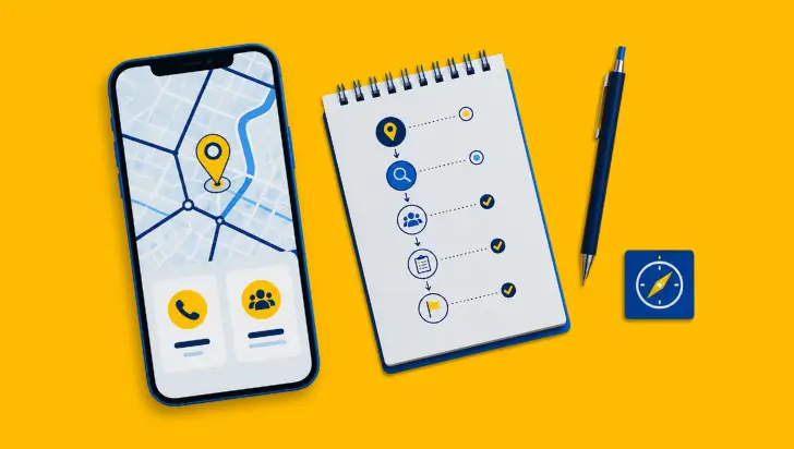 Smartphone with local map and landing page checklist on a yellow background.