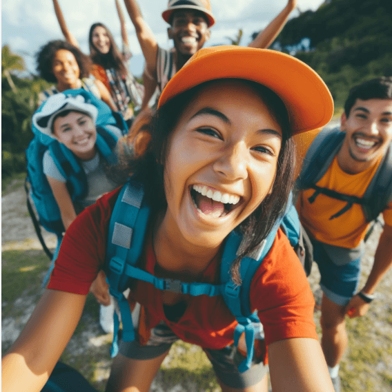 Happy group of young hikers.