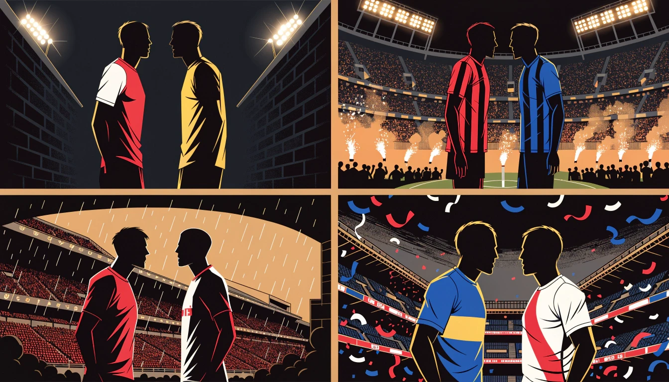 Four-panel illustration of faceless players squaring up in the colours of Bayern and Dortmund, Milan and Inter, Liverpool and Arsenal, and Boca and River