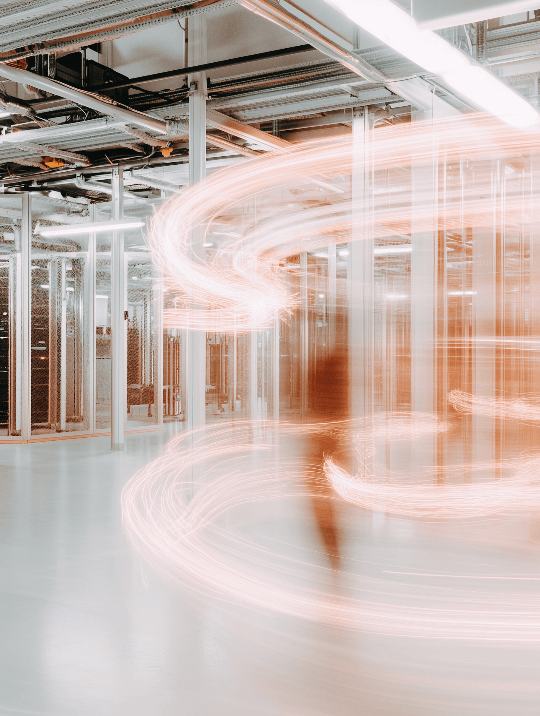Futuristic data center with glowing orange light trails and a blurred figure, showcasing technology and motion in a sleek industrial space.