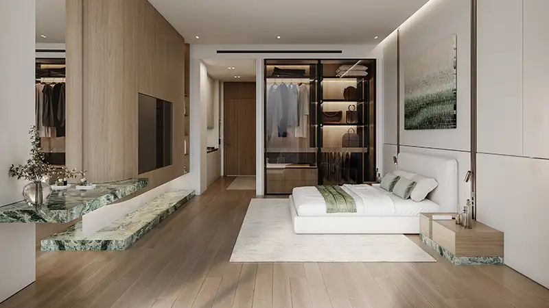 Minimalist master suite with walk-in closet. Elite real estate agent marketing for Binghatti Hillcrest.