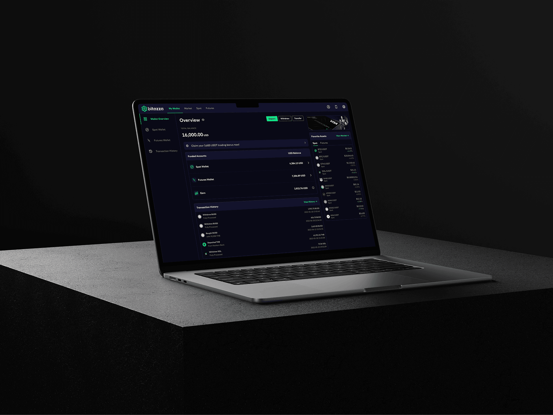 Professional MacBook Pro mockup displaying the Bitazza "Wallet Overview" dashboard. The UI design features a clean financial summary, asset allocation across spot and futures wallets, and a clear transaction history log.