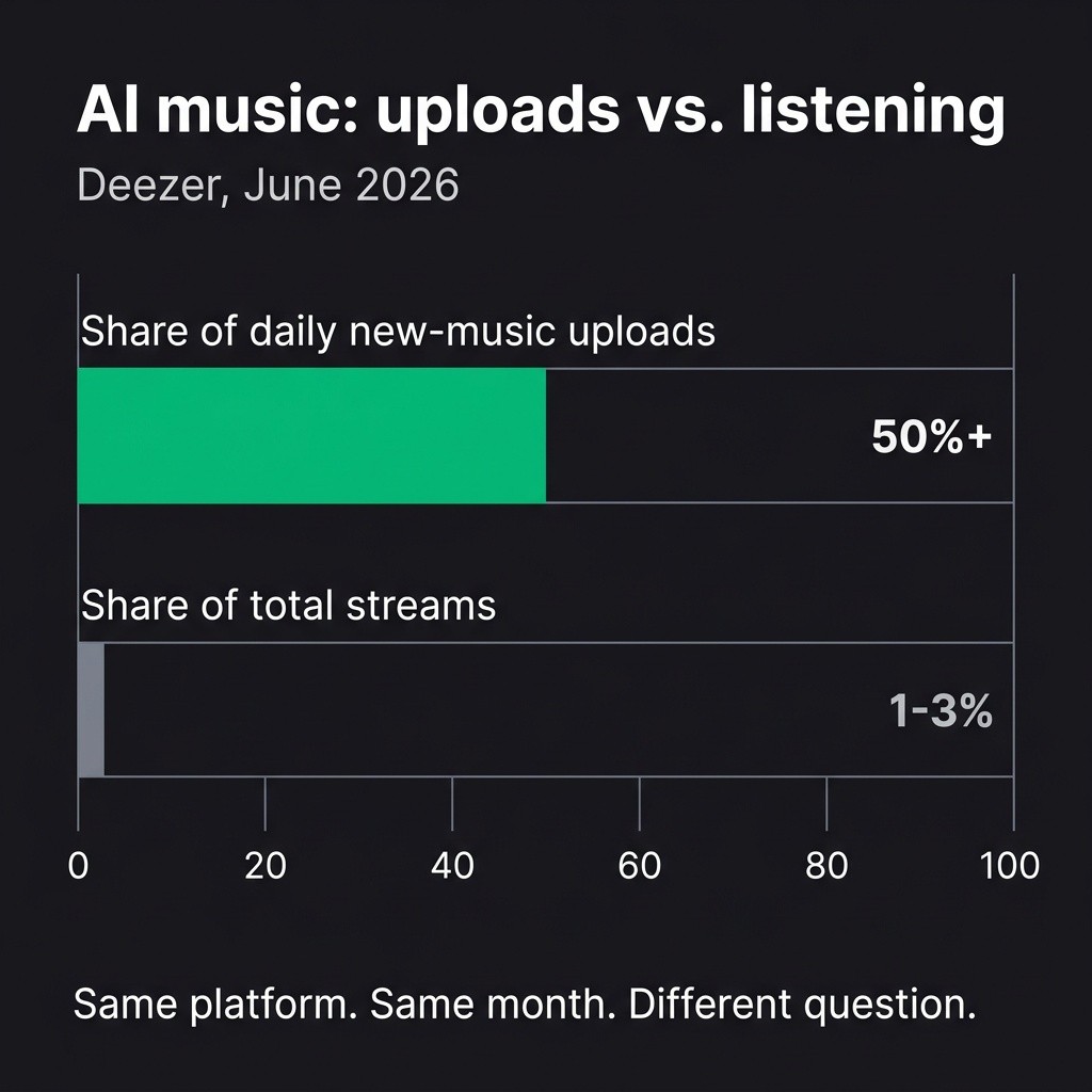 Bar chart comparing AI share of streaming uploads with AI share of actual streams