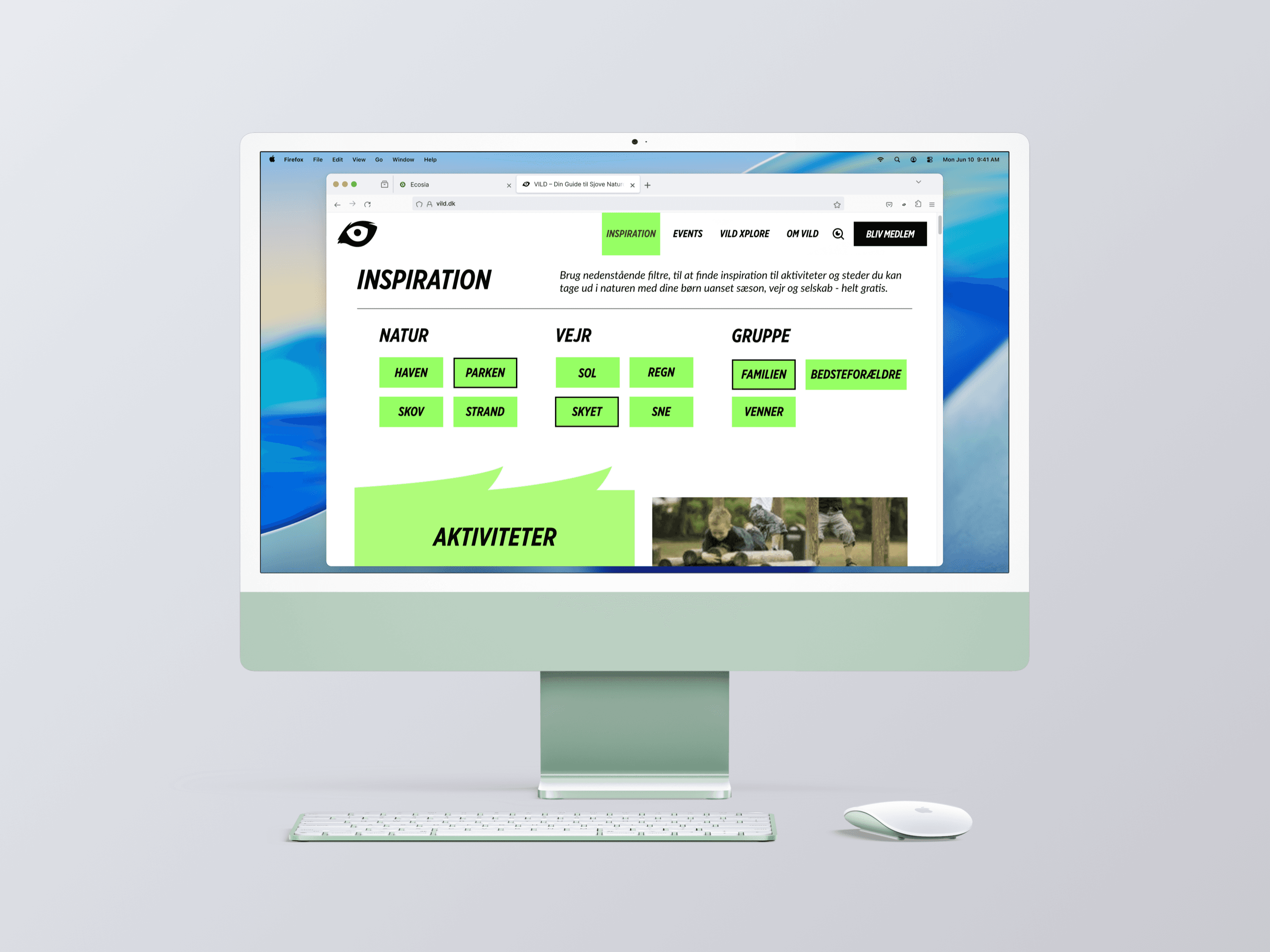 VILD Inspiration page mockup on an iMac, featuring activity filters for nature, weather, and groups.