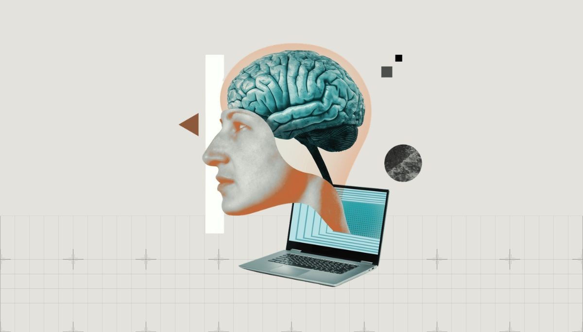 Surreal collage of brain emerging from laptop with geometric shapes, symbolizing top agentic AI companies.