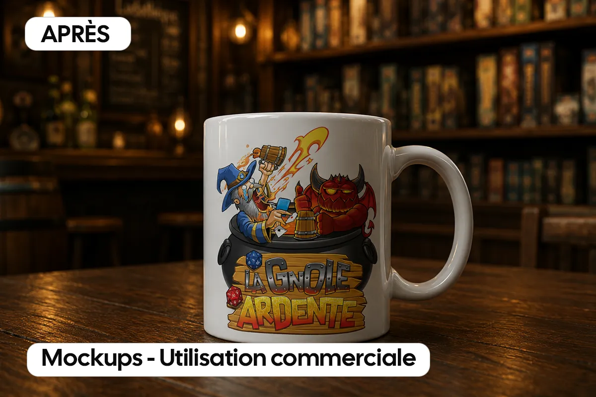Représentation de l'illustration des personnages de jeu de société sur un mug, dans un bar.