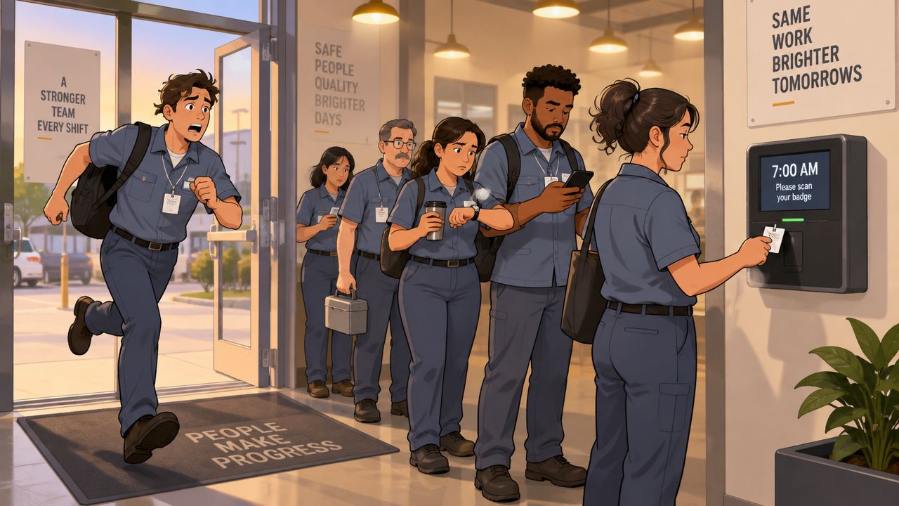 Employees waiting in line to scan their work badges at an automated time clock station