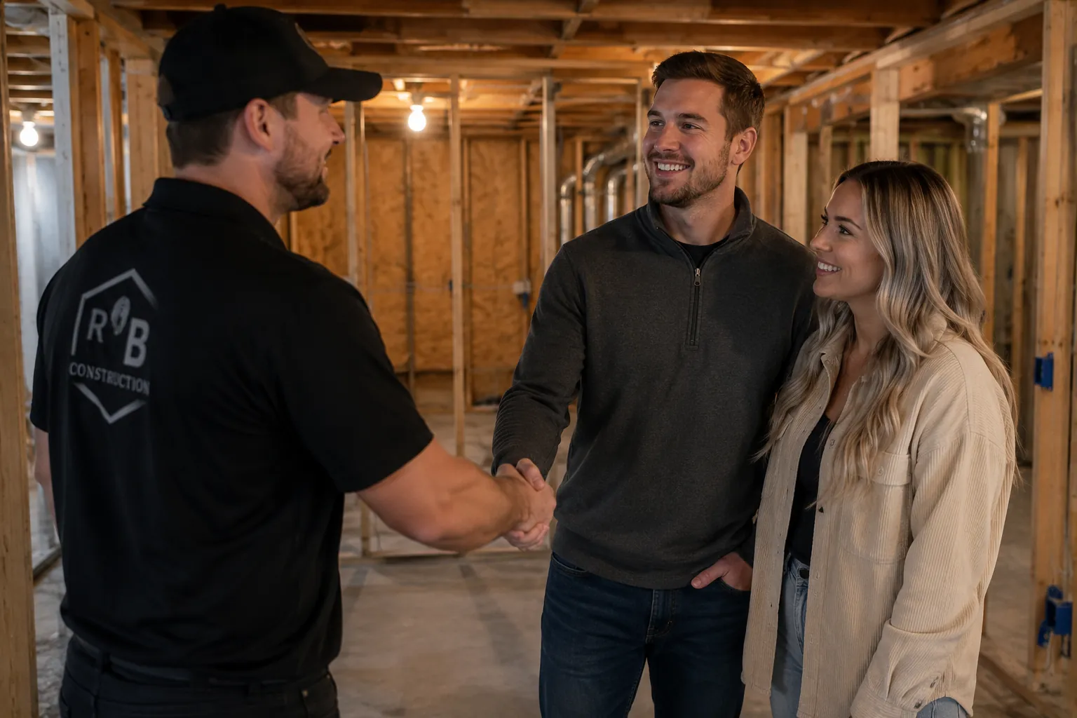 Licensed basement renovation contractor in black shirt shaking hands with smiling homeowner couple inside an unfinished Utah basement