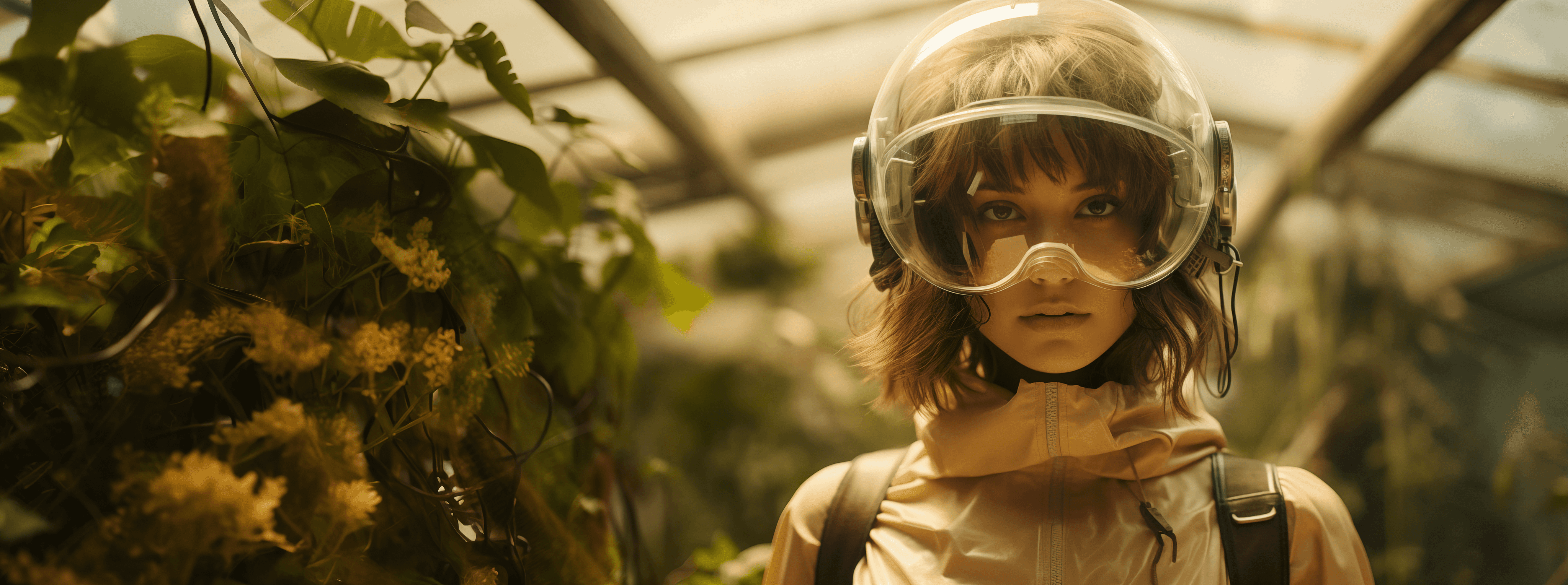 A futuristic-looking woman in a greenhouse staring directly at the camera.