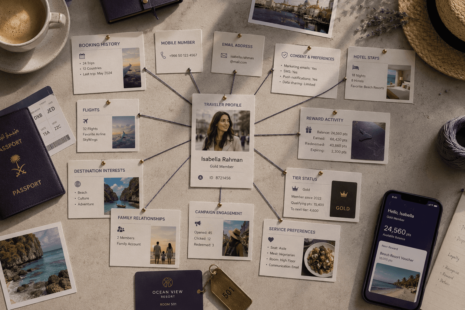 Traveler profile card connected to booking, rewards, consent, tier, preferences, partner activity, and campaign history.