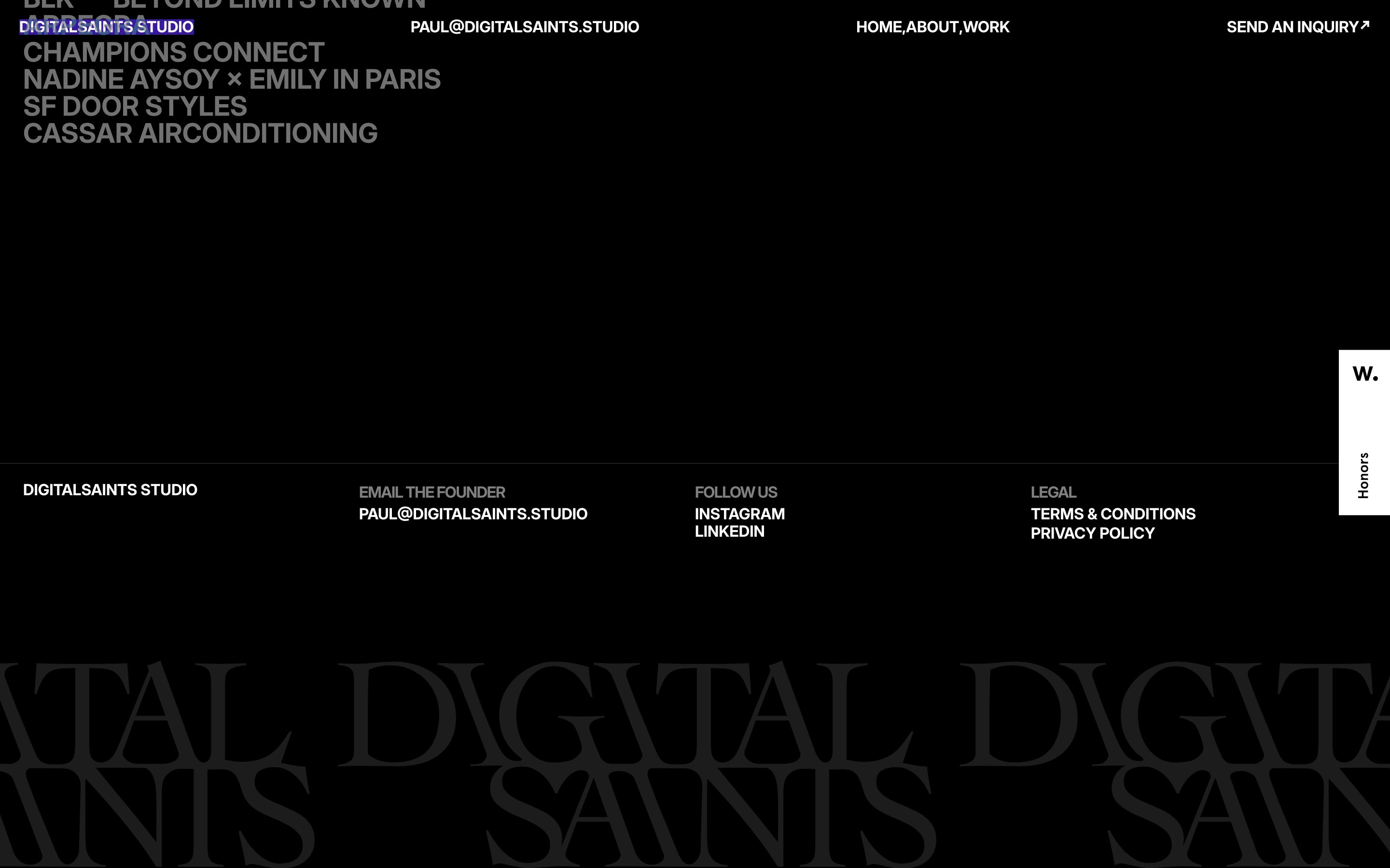Black website footer with links: Champions Connect, Nadine Aysoy, SF Door Styles, Cassar Air Conditioning. Contact: paul@digitalsaints.studio.