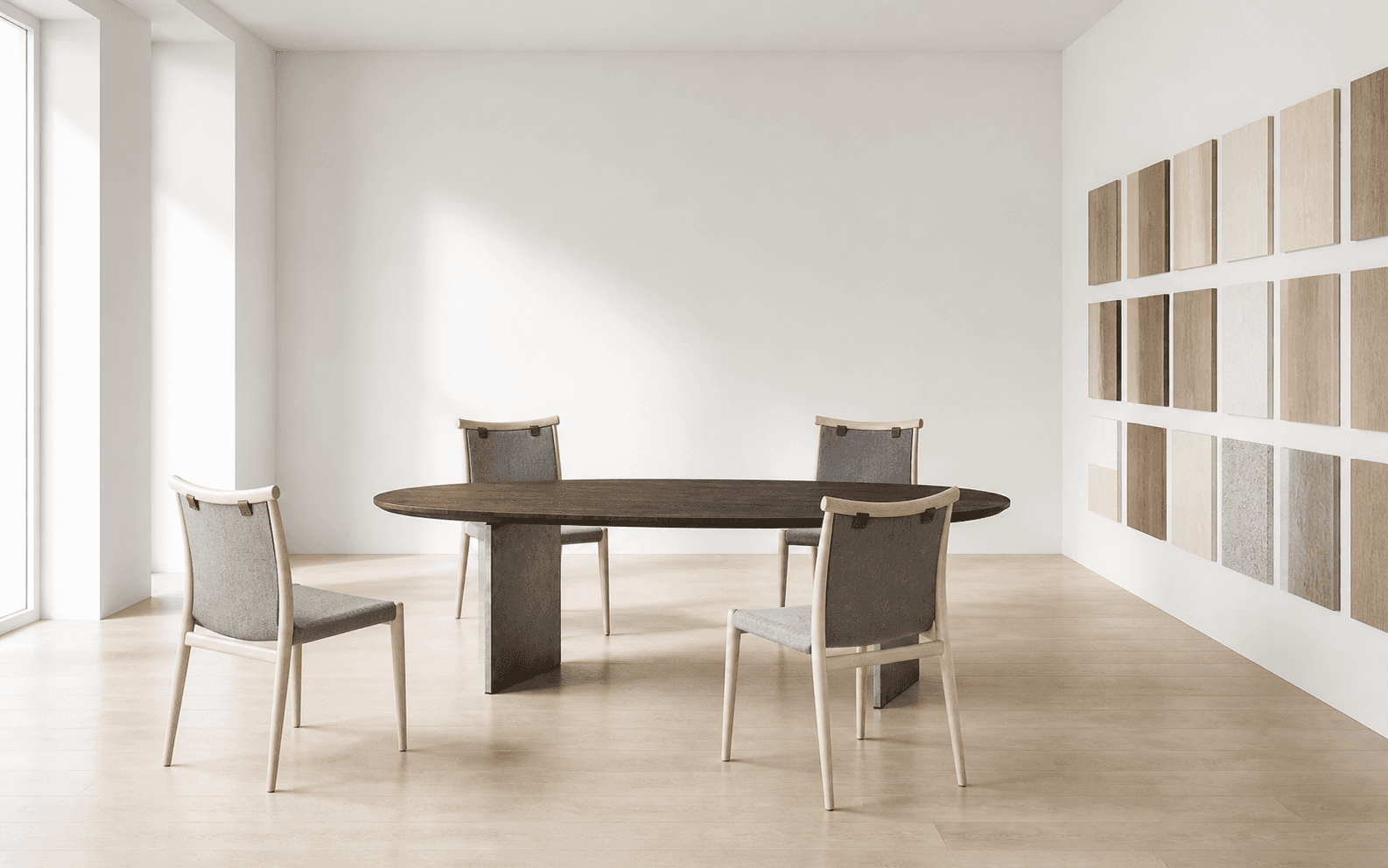 Rift table and four Ledger chairs in a luminous specification room