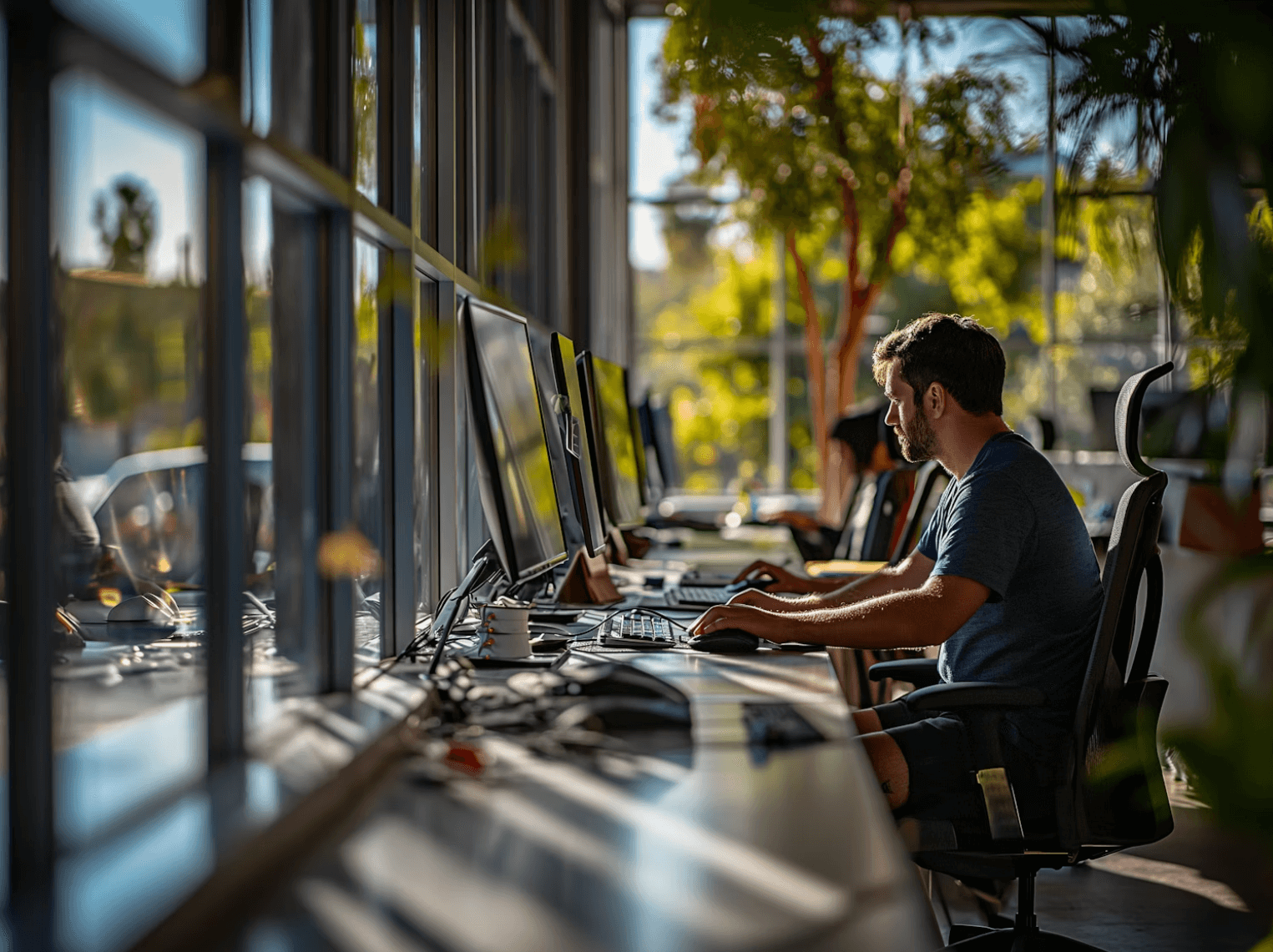 Person working at a desk with city view and natural light