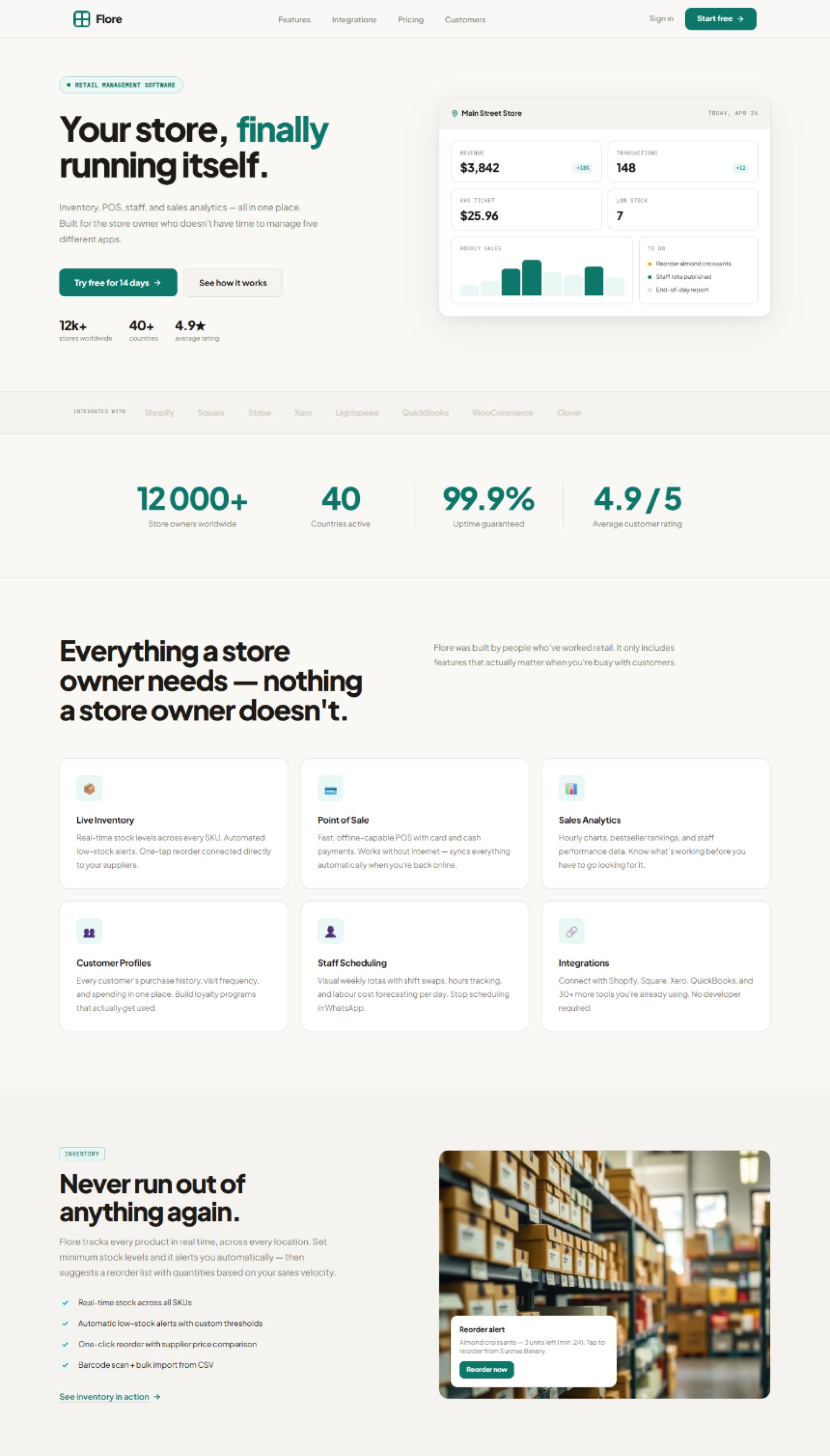 Retail store management SaaS website prompt — warm sand and teal minimal design preview