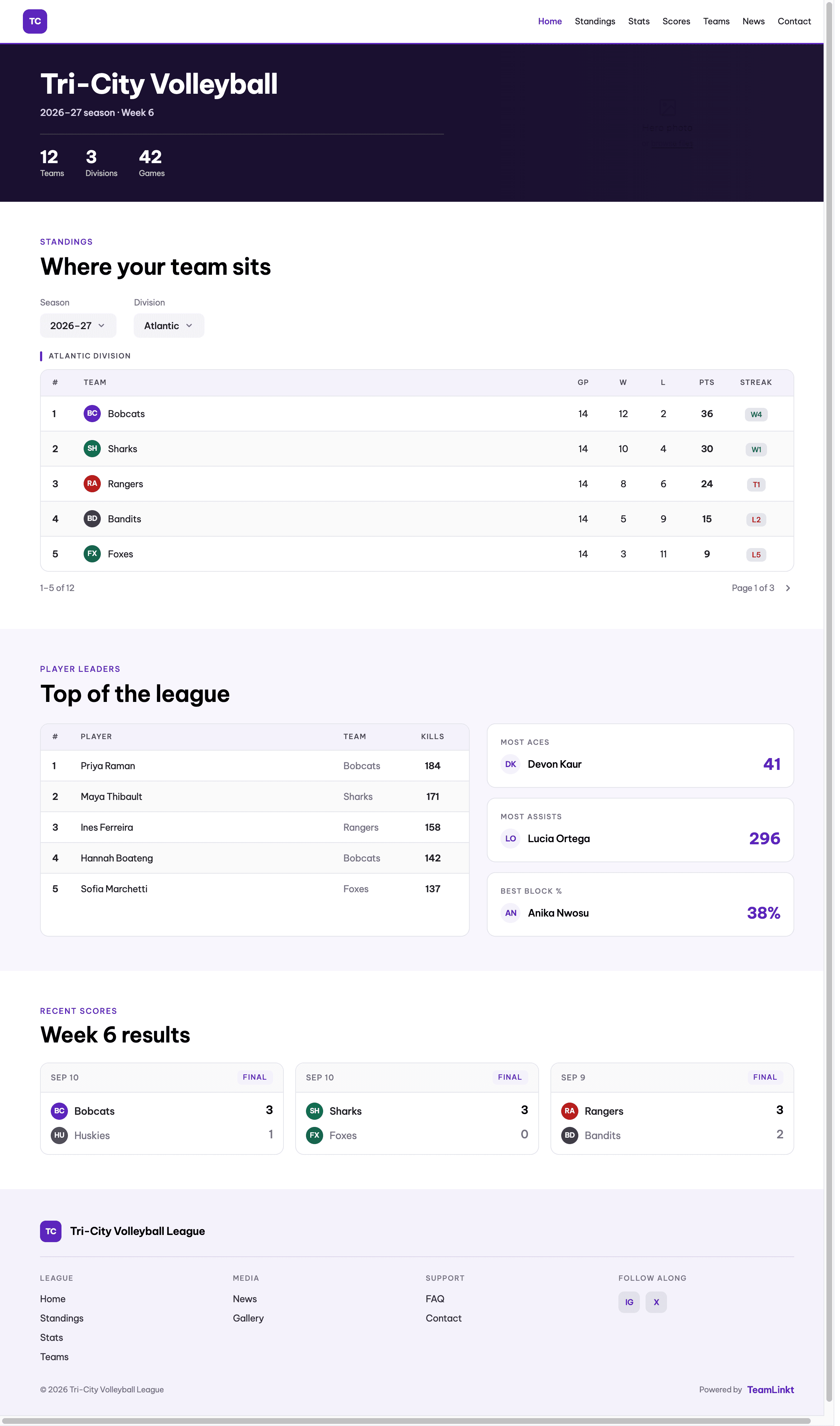 TeamLinkt Leaderboard website template for a volleyball league, featuring team standings and player stat rankings