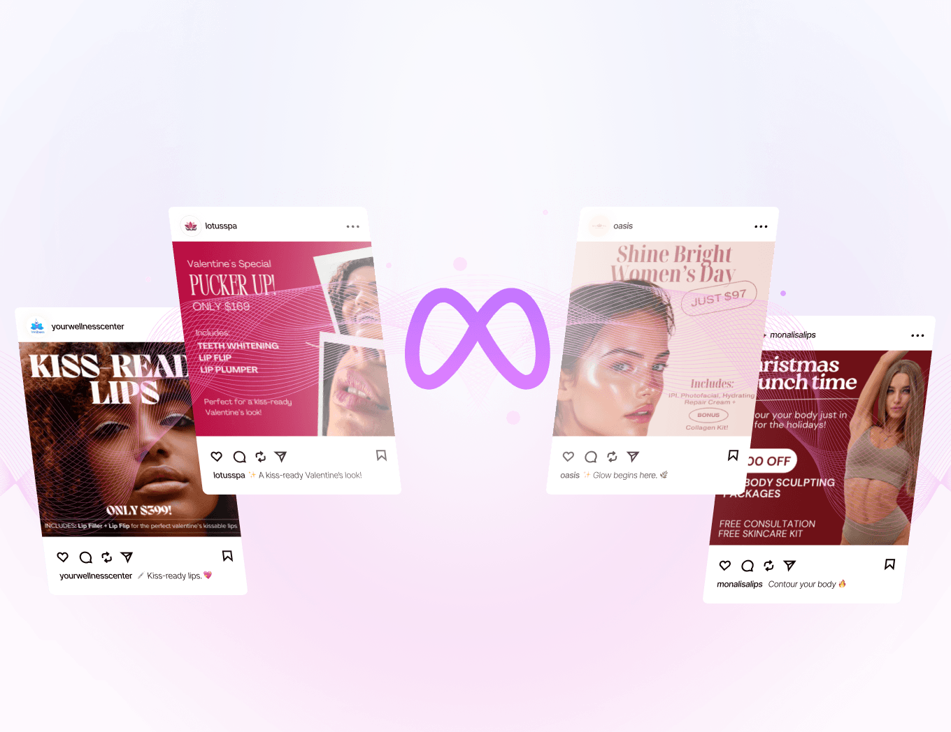 Med spa social media ad examples created through the 3-Click Ads Launcher for seasonal promotions and lip filler campaigns