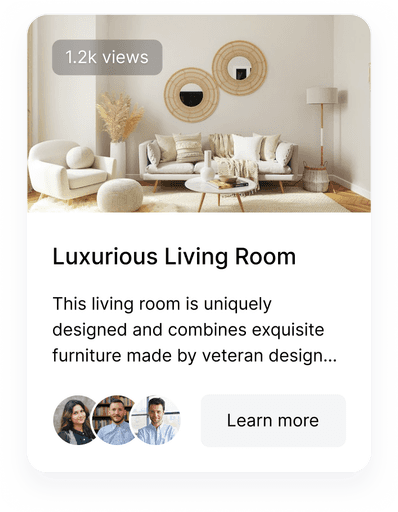 Sample of UI Card with image of an apartment, title, description, CTA button, and three avatars