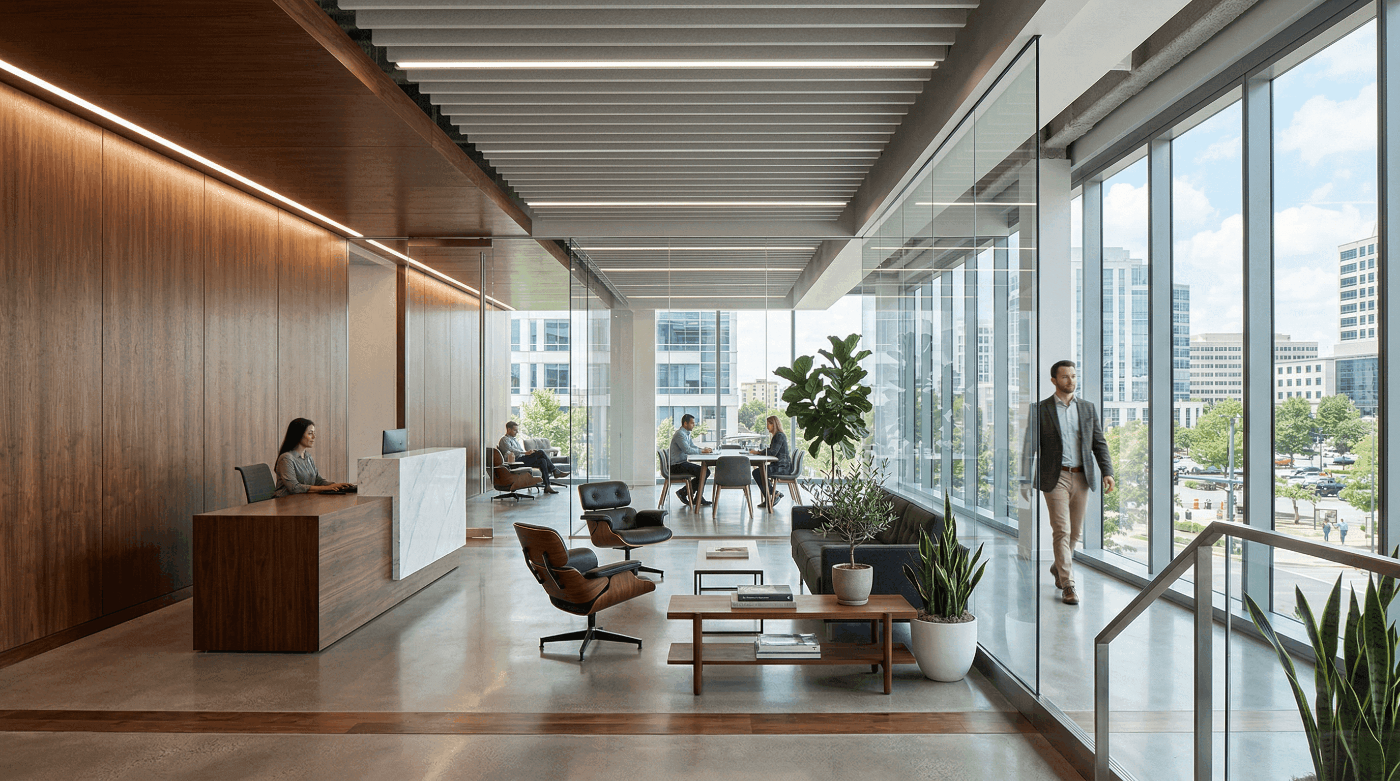 Modern office space with glass walls using Casa Verde framer template.