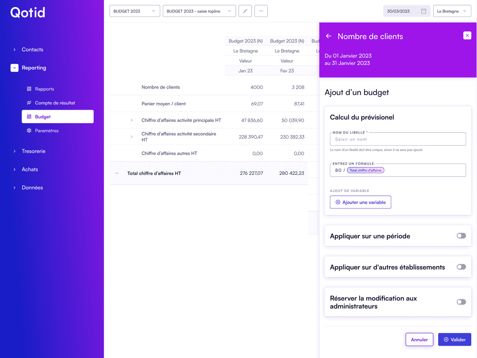 Illustration de l'ajout d'un budget via le logiciel Qotid