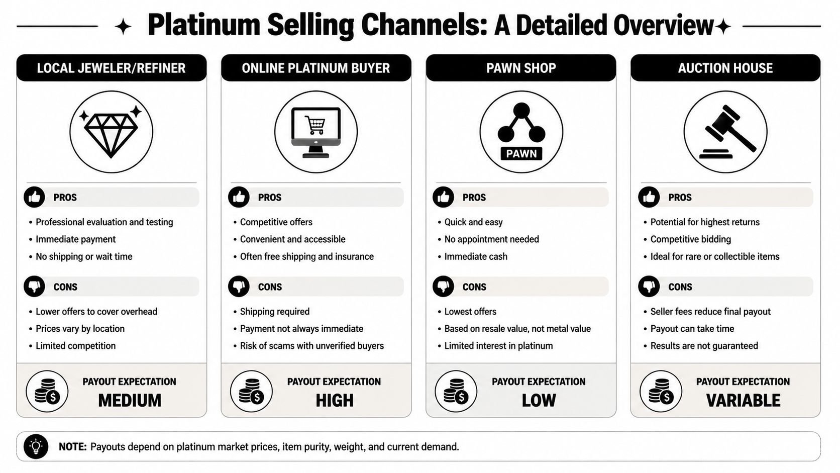 A detailed comparison chart showing four different channels for selling platinum items with pros and cons.